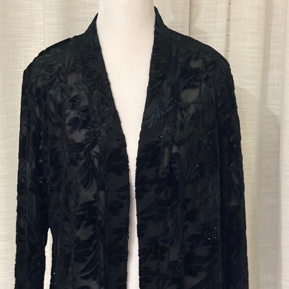 Susan Graver Occasions Sweaters - Susan Graver Occasion Cardigan MP Black Velvet Burnout Glitter Open Front Kimono